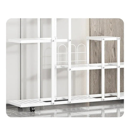 White wrought iron plant stand with wheels living room shelf