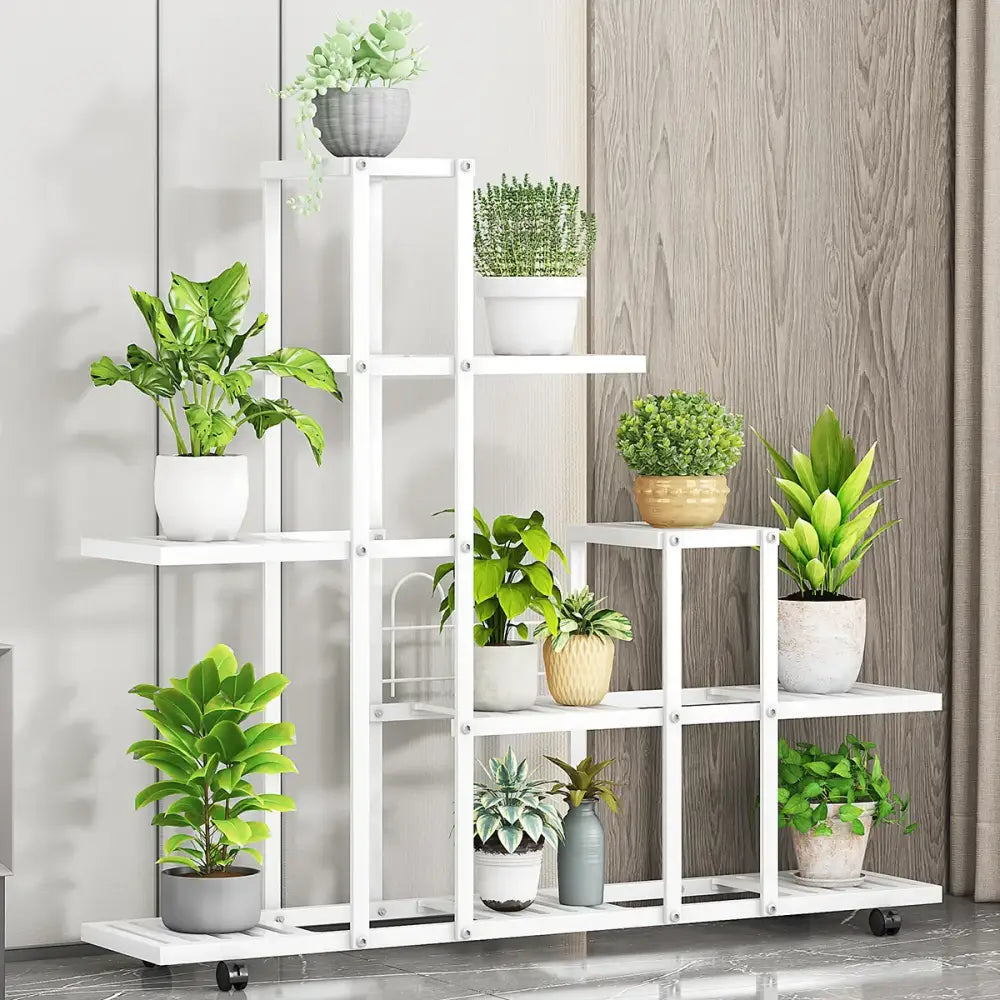 White wrought iron plant stand with wheels living room shelf