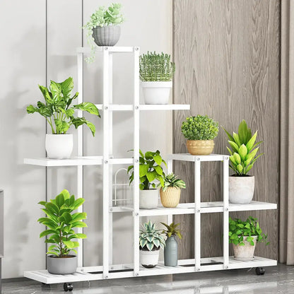 White wrought iron plant stand with wheels living room shelf