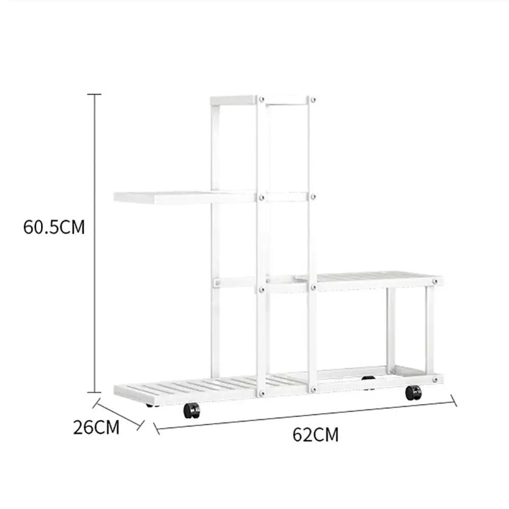 White wrought iron plant stand with wheels living room shelf