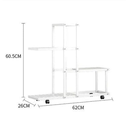 White wrought iron plant stand with wheels living room shelf
