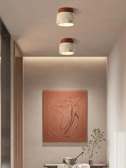 Yellow marble ceiling light beige fabric and wood for living room