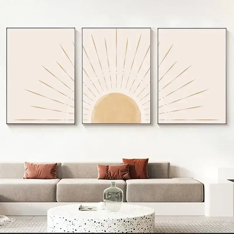 Minimalist beige & gold sun rising horizon wall art bedroom triptych