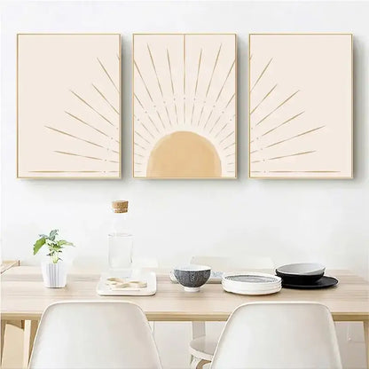 Minimalist beige & gold sun rising horizon wall art bedroom triptych