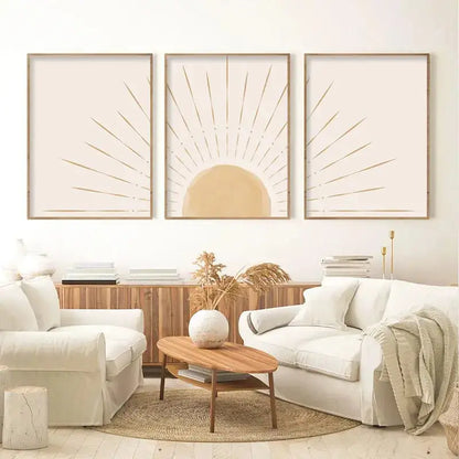 Minimalist beige & gold sun rising horizon wall art bedroom triptych