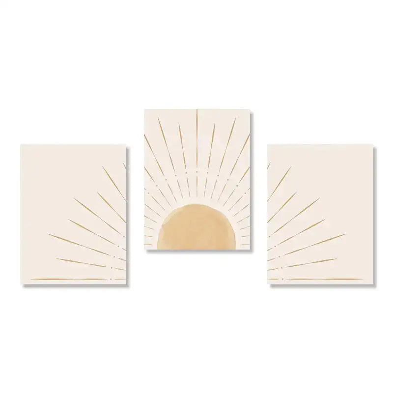 Minimalist beige & gold sun rising horizon wall art bedroom triptych
