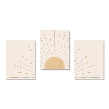 Minimalist beige & gold sun rising horizon wall art bedroom triptych