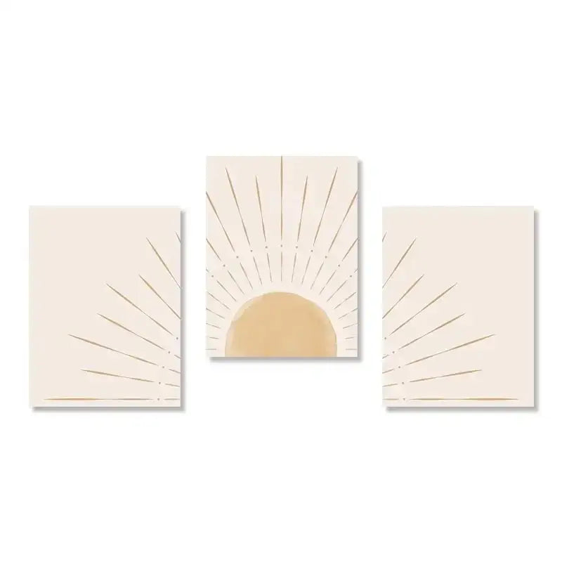 Minimalist beige & gold sun rising horizon wall art bedroom triptych