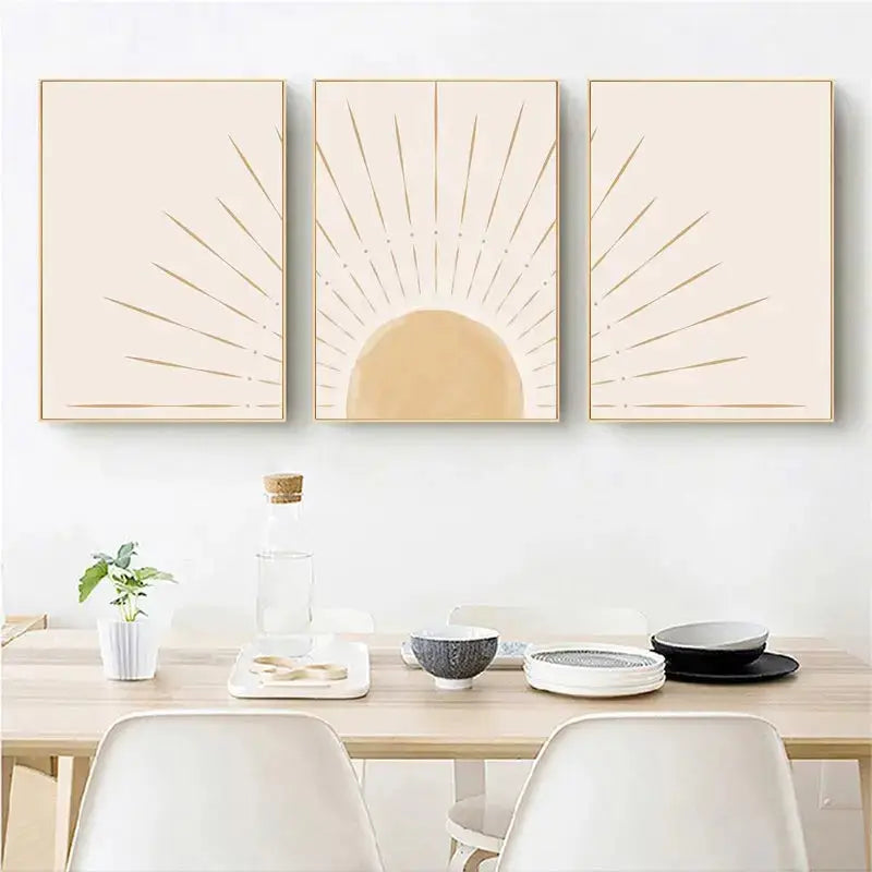 Minimalist beige & gold sun rising horizon wall art bedroom triptych