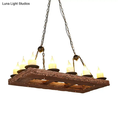 Rustic yellow wood island pendant light with 6 candles kitchen chandelier