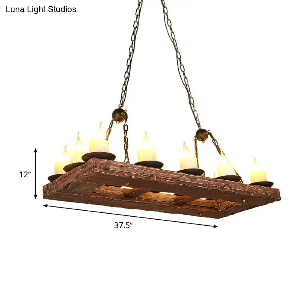 Rustic yellow wood island pendant light with 6 candles kitchen chandelier