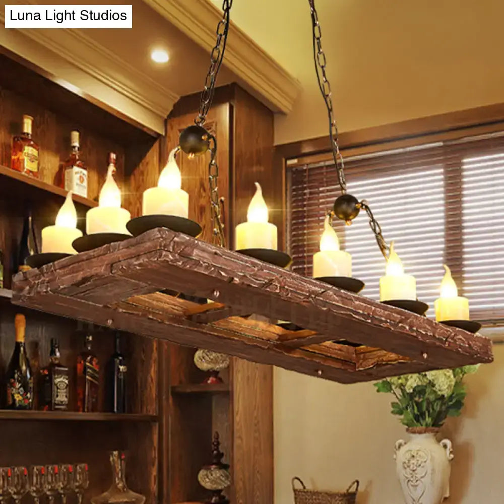 Rustic yellow wood island pendant light with 6 candles kitchen chandelier