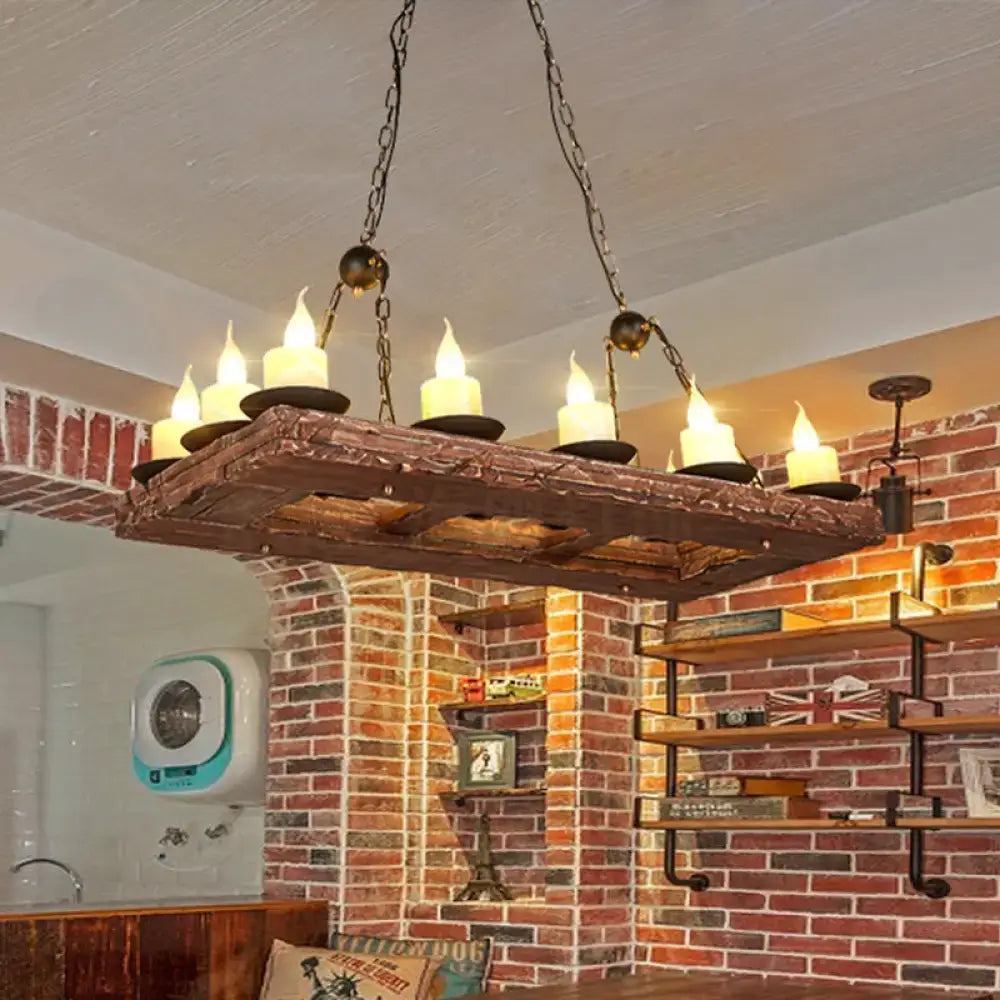 Rustic yellow wood island pendant light with 6 candles kitchen chandelier