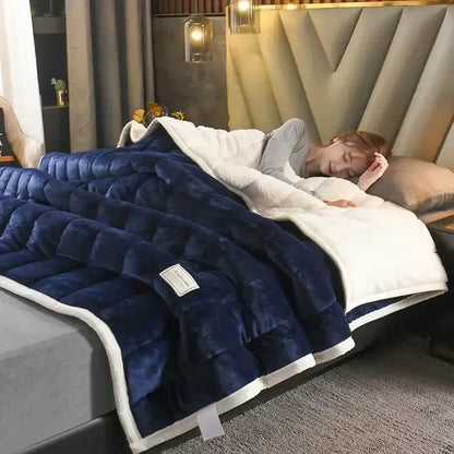 Deep blue and white cozy flannel fleece bedroom quilt