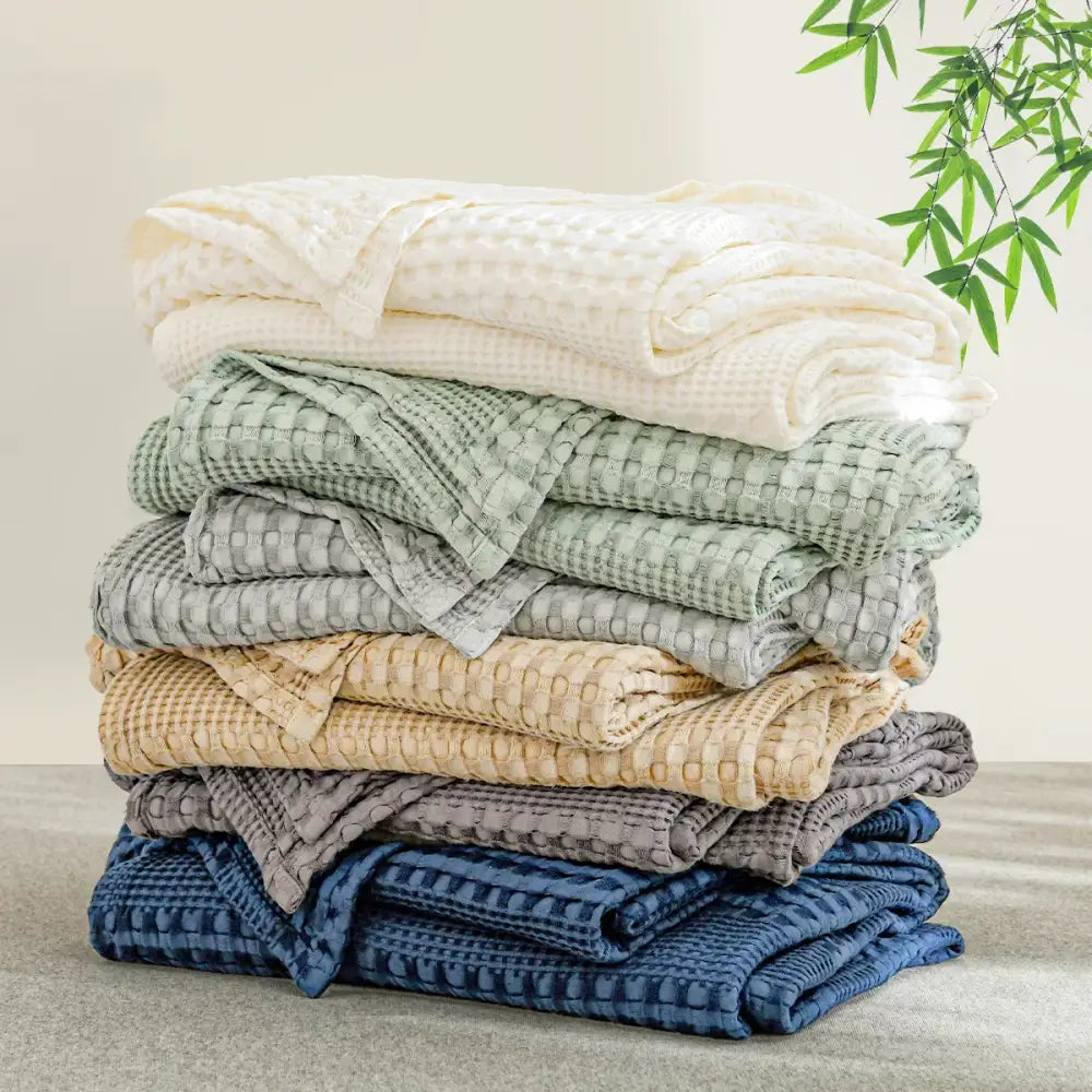 Deep blue bamboo cotton waffle blanket bedroom lightweight throw