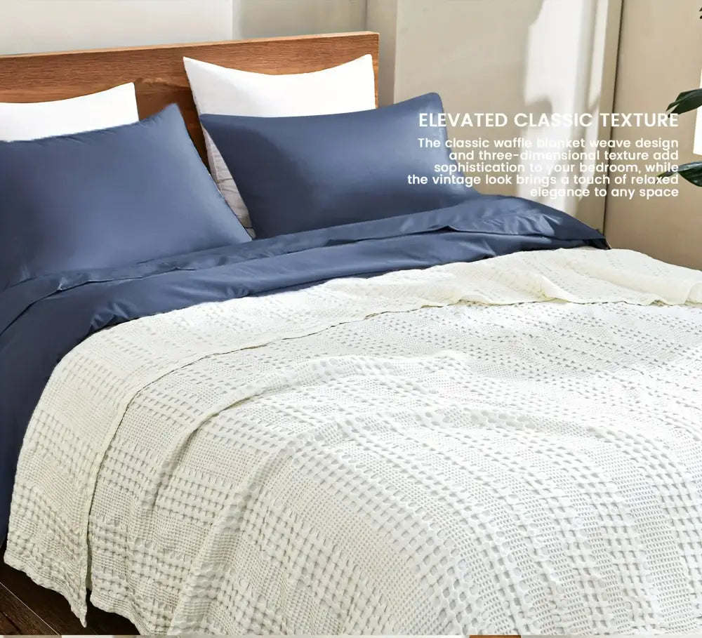 Deep blue bamboo cotton waffle blanket bedroom lightweight throw