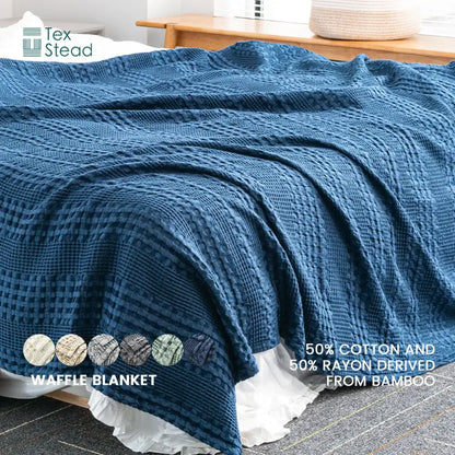 Deep blue bamboo cotton waffle blanket bedroom lightweight throw