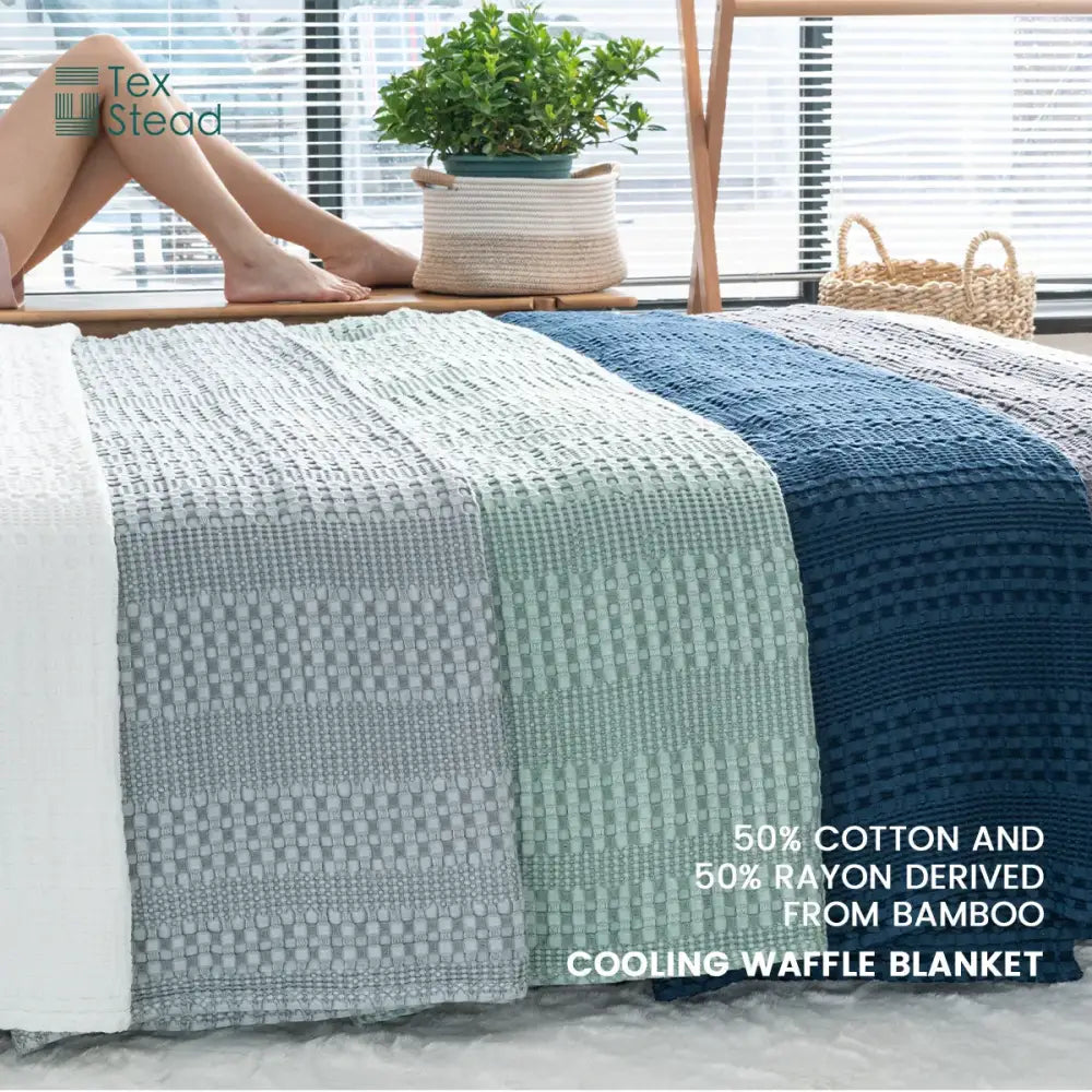 Deep blue bamboo cotton waffle blanket bedroom lightweight throw