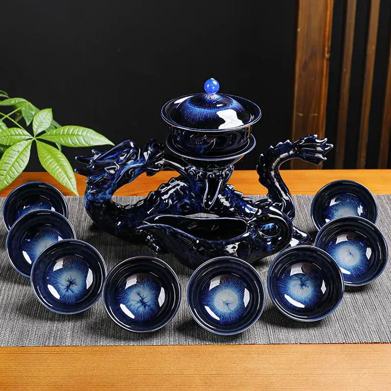 Deep blue ceramic dragon kung fu tea set dining room decor