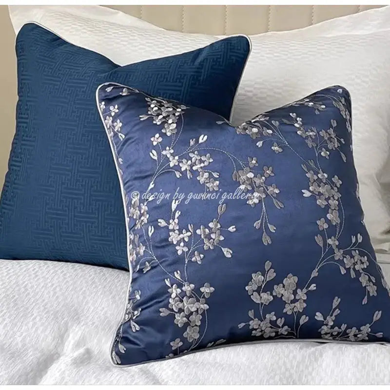 Deep blue geometric jacquard cushion cover for living room decor