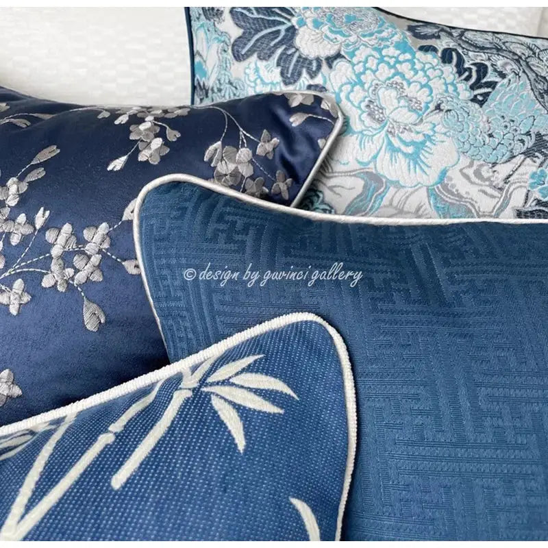 Deep blue geometric jacquard cushion cover for living room decor
