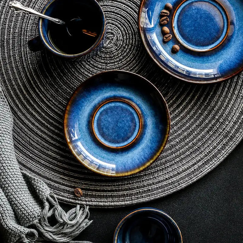Deep blue glossy ceramic espresso coffee cup saucer set dining room