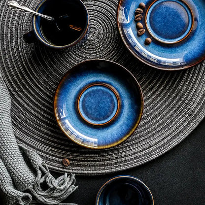 Deep blue glossy ceramic espresso coffee cup saucer set dining room
