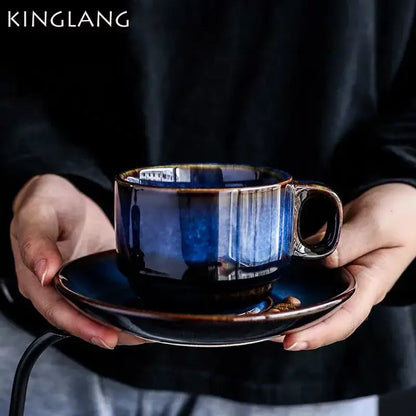Deep blue glossy ceramic espresso coffee cup saucer set dining room