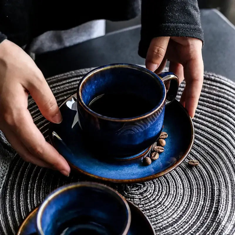 Deep blue glossy ceramic espresso coffee cup saucer set dining room