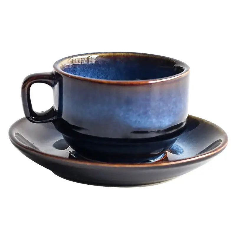 Deep blue glossy ceramic espresso coffee cup saucer set dining room