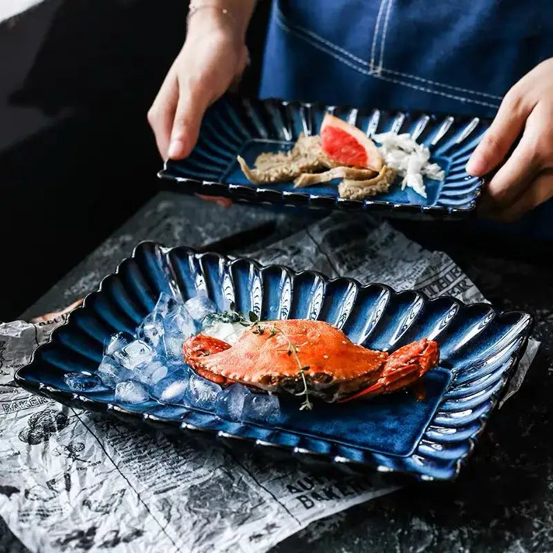 Deep blue klin glazed ceramic rectangle sushi tray dining room