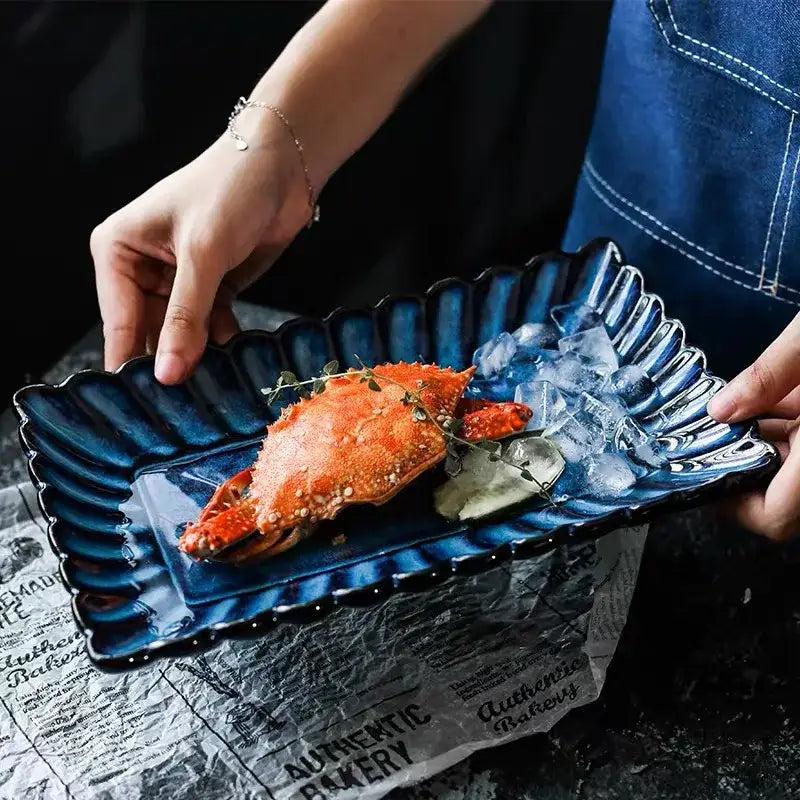 Deep blue klin glazed ceramic rectangle sushi tray dining room