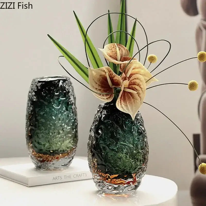 Deep green & amber textured glass vase living room table decor