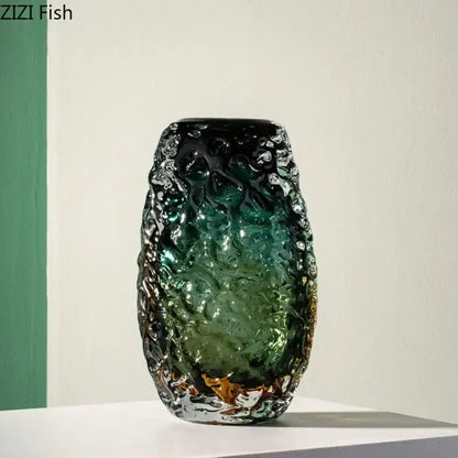 Deep green & amber textured glass vase living room table decor