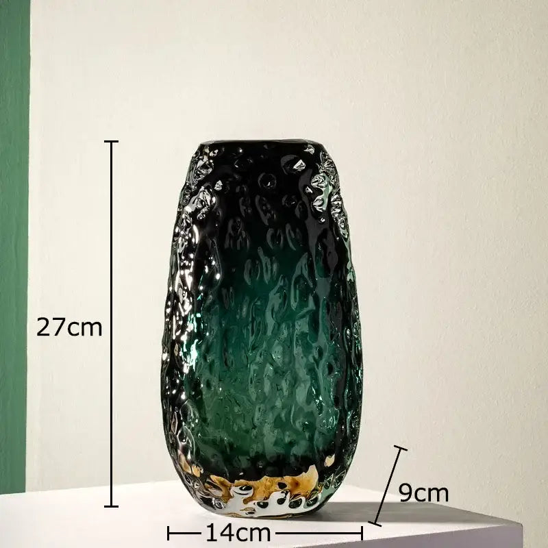 Deep green & amber textured glass vase living room table decor