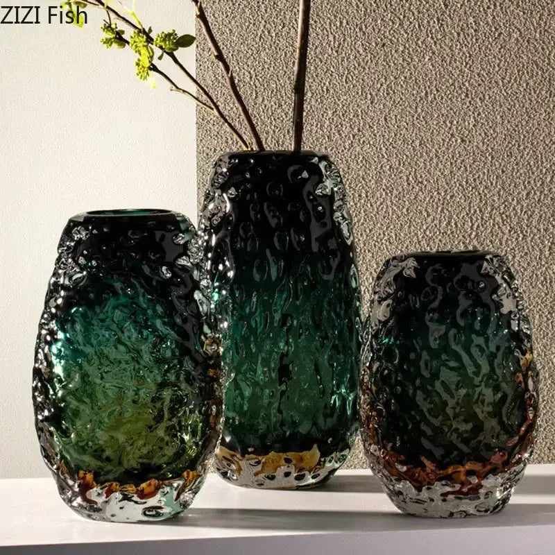 Deep green & amber textured glass vase living room table decor