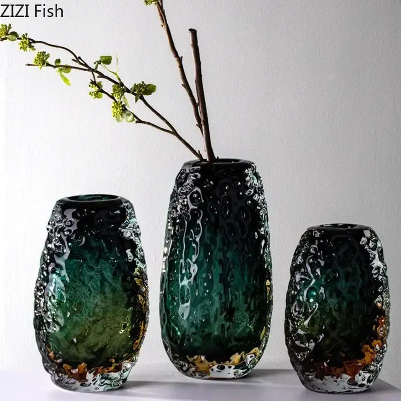 Deep green & amber textured glass vase living room table decor