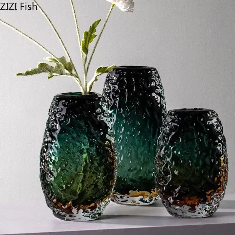 Deep green & amber textured glass vase living room table decor