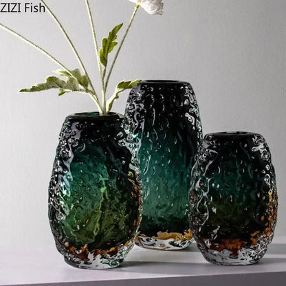 Deep green & amber textured glass vase living room table decor