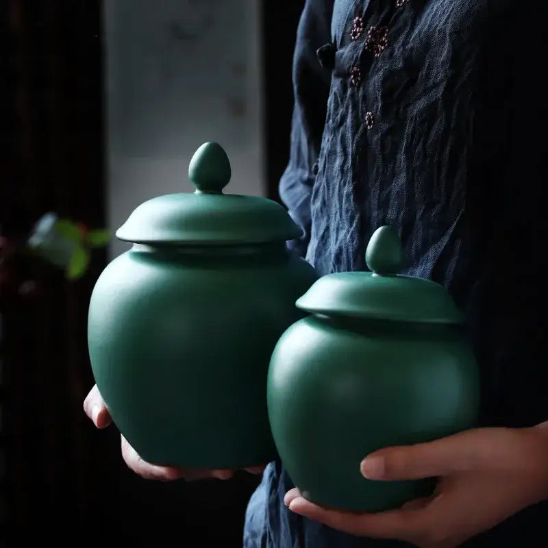 Deep green ceramic tea caddy jar kitchen storage container