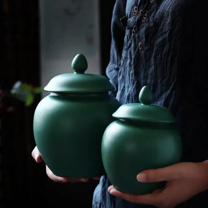 Deep green ceramic tea caddy jar kitchen storage container