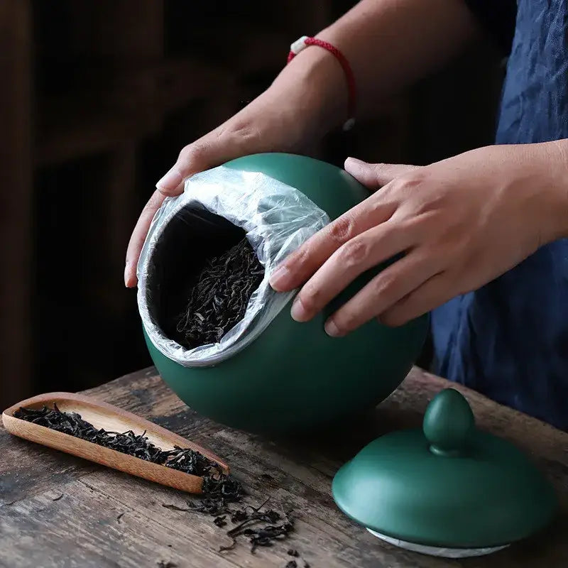 Deep green ceramic tea caddy jar kitchen storage container