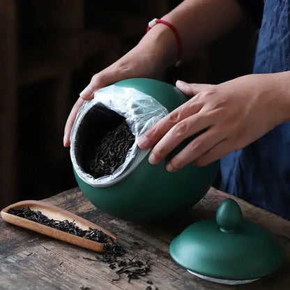 Deep green ceramic tea caddy jar kitchen storage container