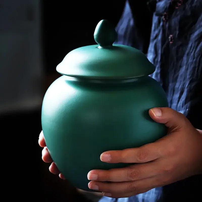 Deep green ceramic tea caddy jar kitchen storage container
