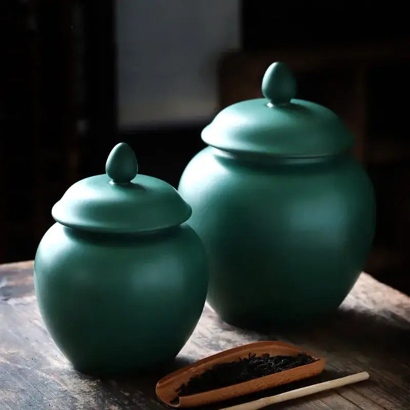 Deep green ceramic tea caddy jar kitchen storage container