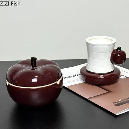Deep red ceramic apple ashtray with lid for living room decor