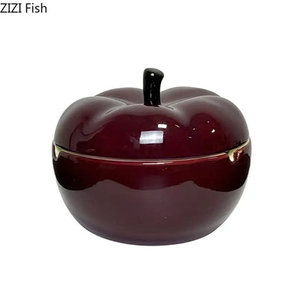 Deep red ceramic apple ashtray with lid for living room decor