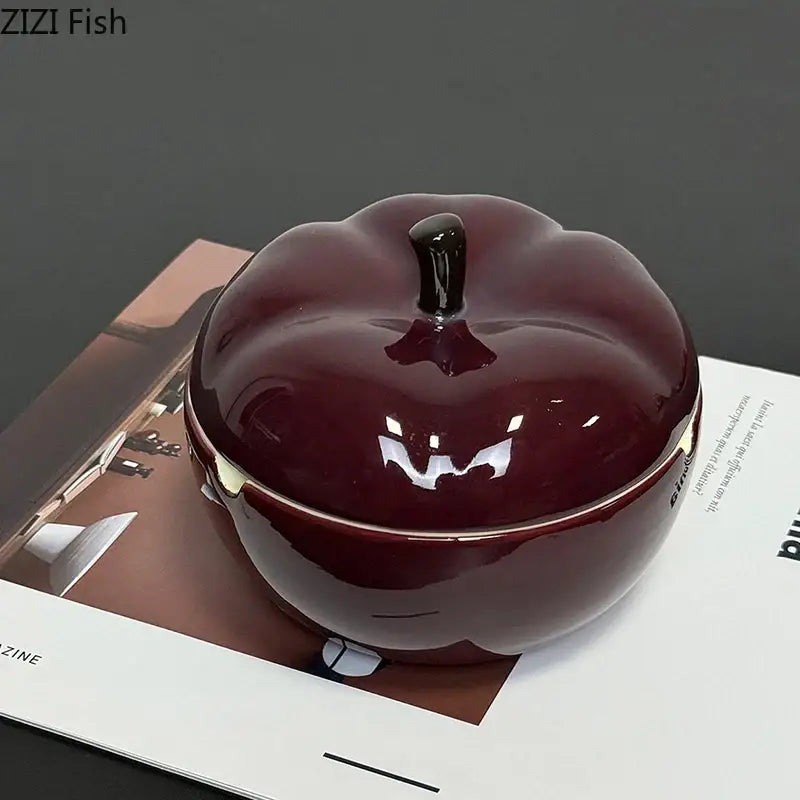 Deep red ceramic apple ashtray with lid for living room decor
