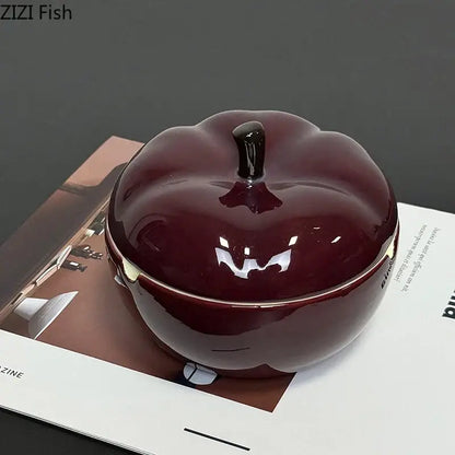 Deep red ceramic apple ashtray with lid for living room decor