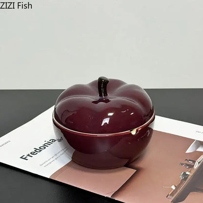 Deep red ceramic apple ashtray with lid for living room decor